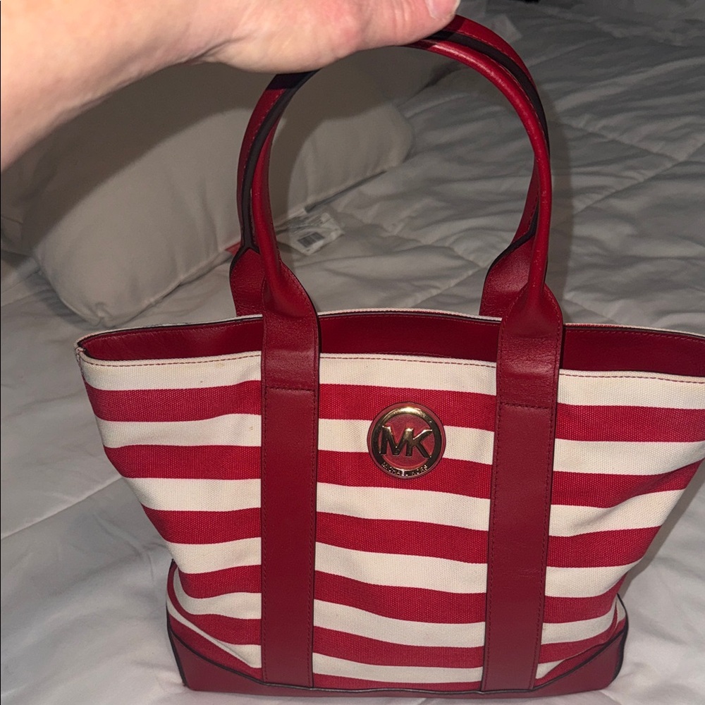 Michael Kors Red and Cream Striped Tote